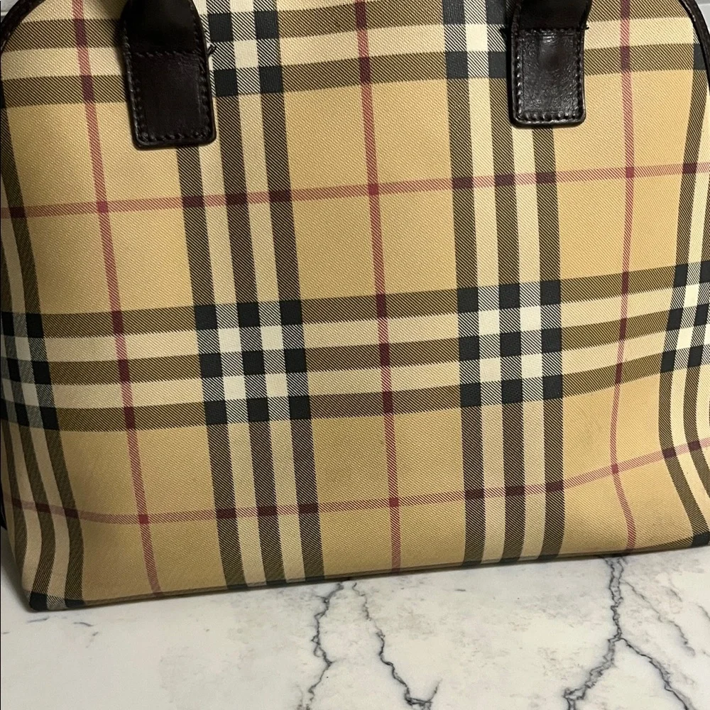 Classic Plaid Dome Satchel Handbag - Beige/Tan with Dark Brown Trim - Picture 3 of 11
